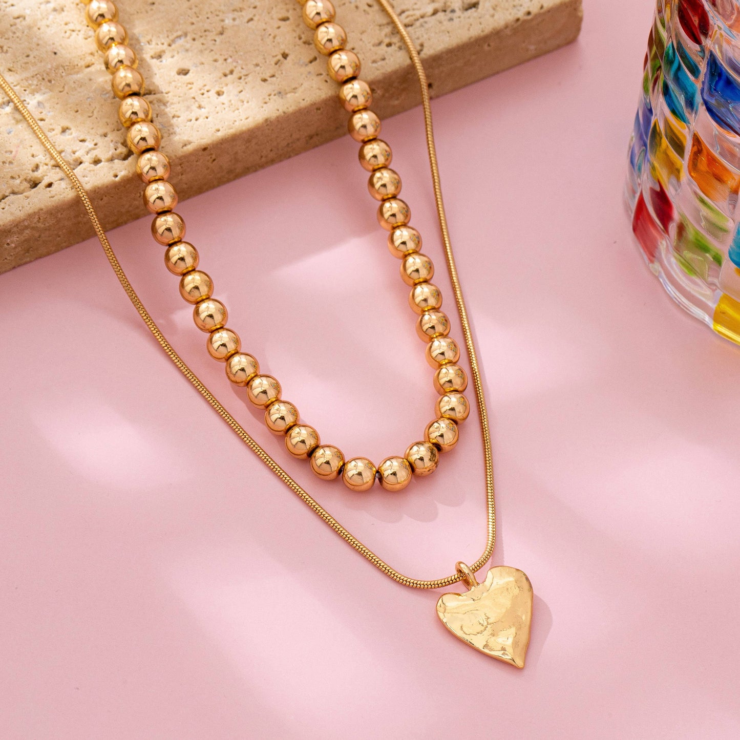DOUBLE LAYER BALL CHAIN HEART CHARM NECKLACE | 80N92736