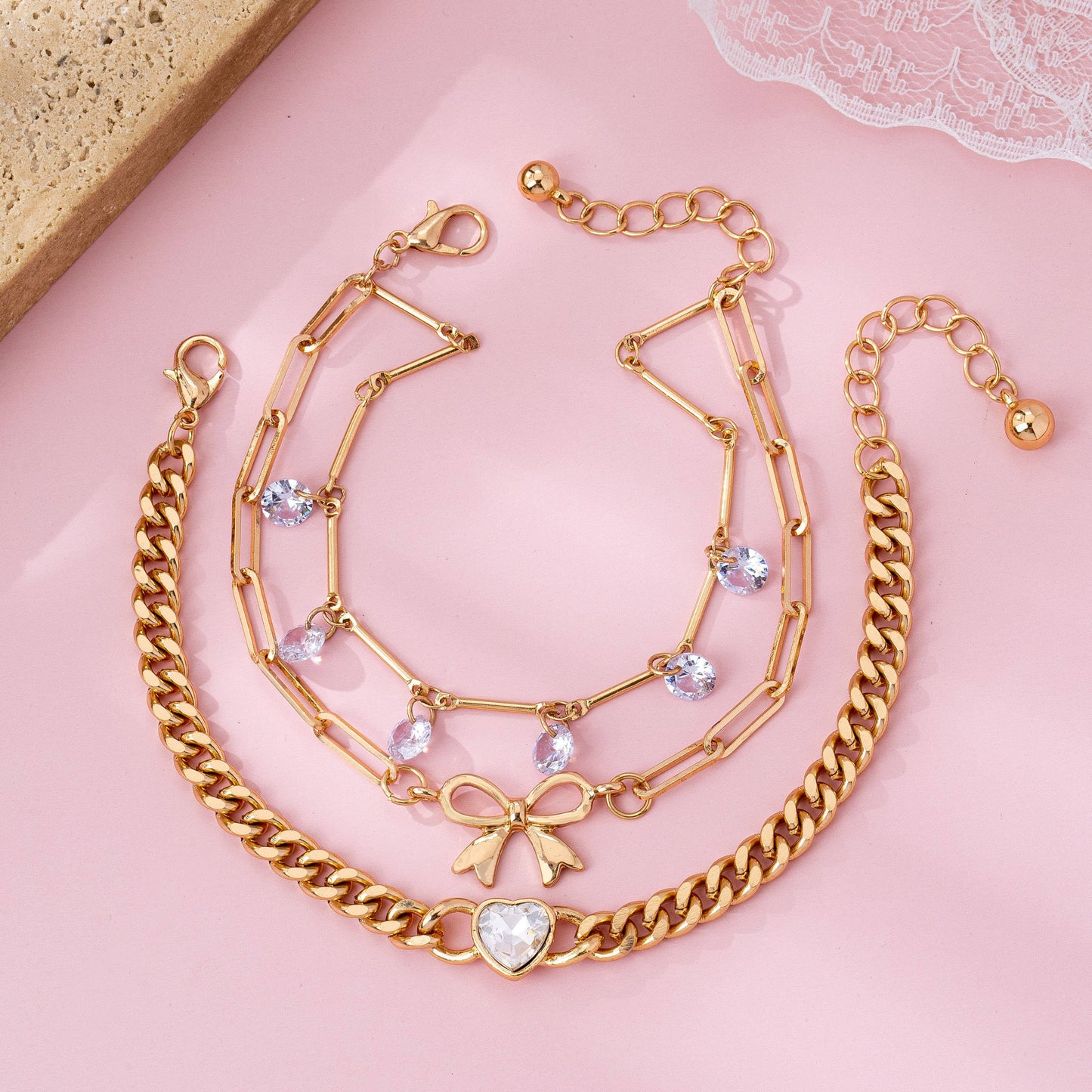 Gold Triple Stack Chain Bracelet Set with Bow and Crystal Heart | Chunky Link Layered Bracelets