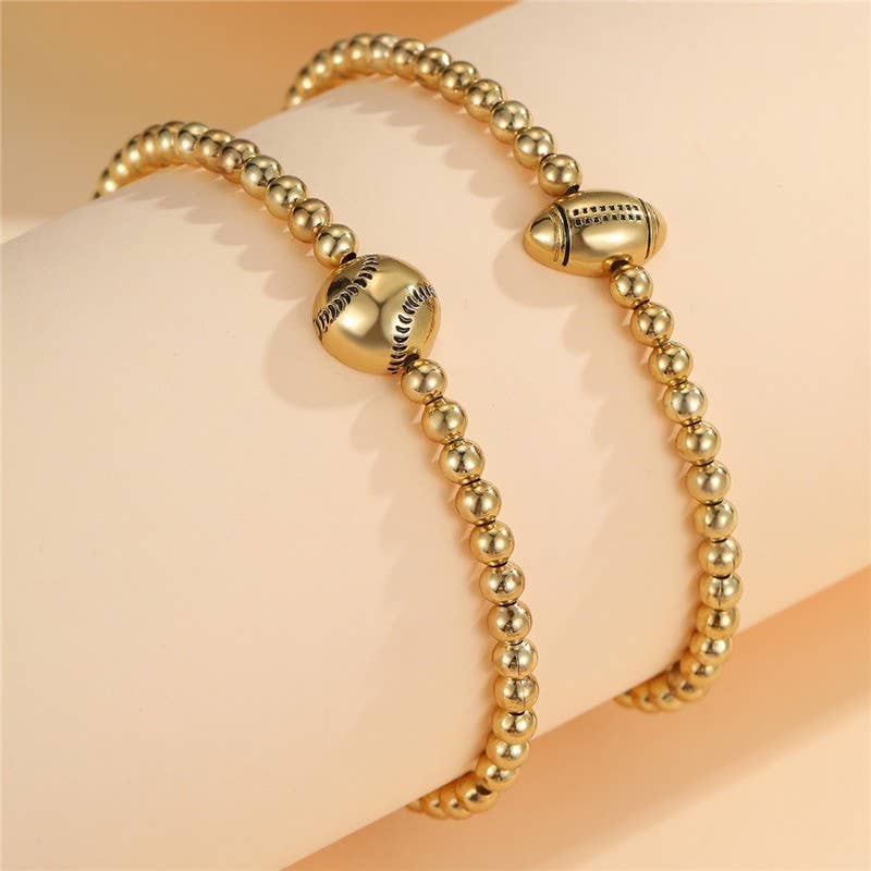 Gold Multi Ball Chain Stretch Bracelet with Minimalist Football Charm | Stackable Bracelet