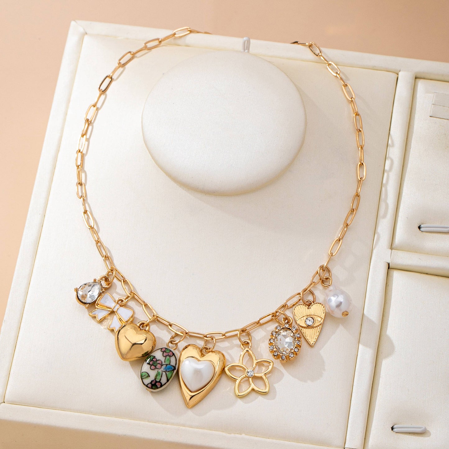 Gold Heart Charm Necklace with Pearls and Crystals | Romantic Multi Charm Statement Necklace