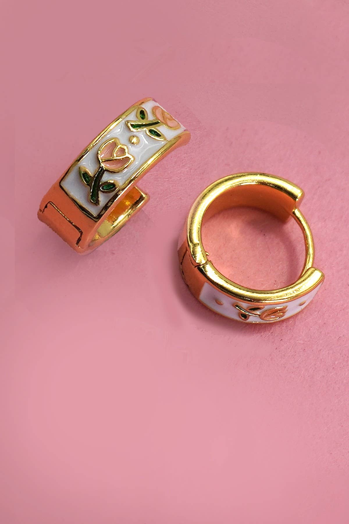 Vintage Cloisonne Enamel Floral Huggie Earrings | Gold Plated Floral Hoop Earrings