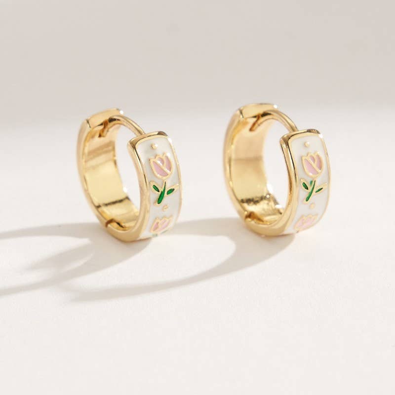 Vintage Cloisonne Enamel Floral Huggie Earrings | Gold Plated Floral Hoop Earrings