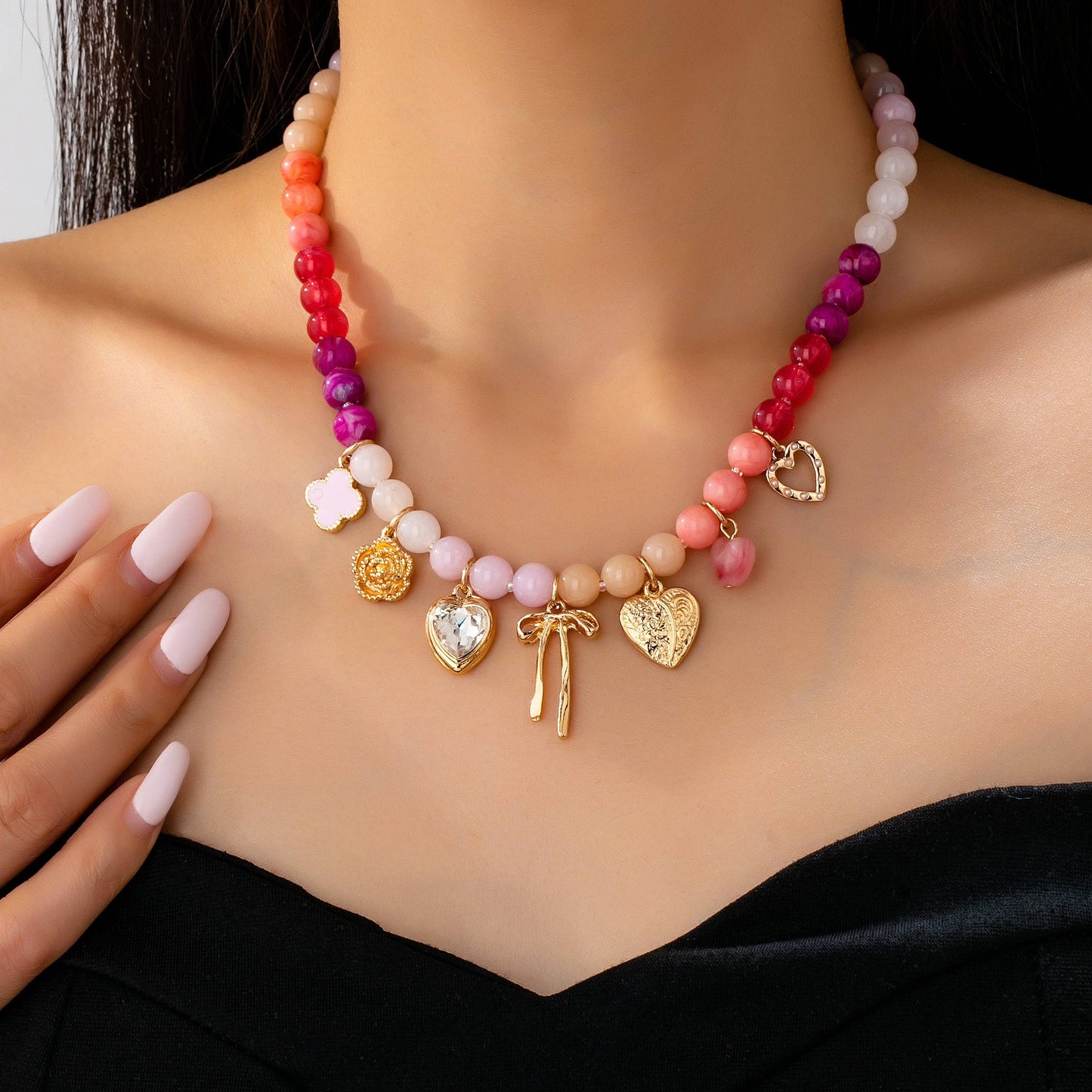Colorful Beaded Charm Necklace with Bow Heart and Flower | Pink Purple Gradient Statement Necklace
