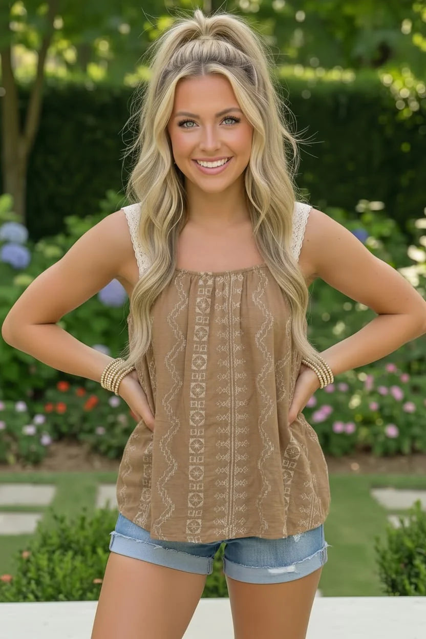 Boho Geometric Print Lace Strap Tank | Sleeveless Summer Boutique Top