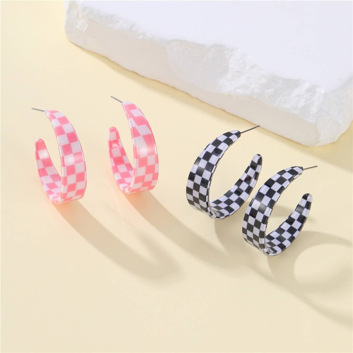 Retro Checkerboard Hoop Earrings | Lightweight Gold Plated Statement Earrings