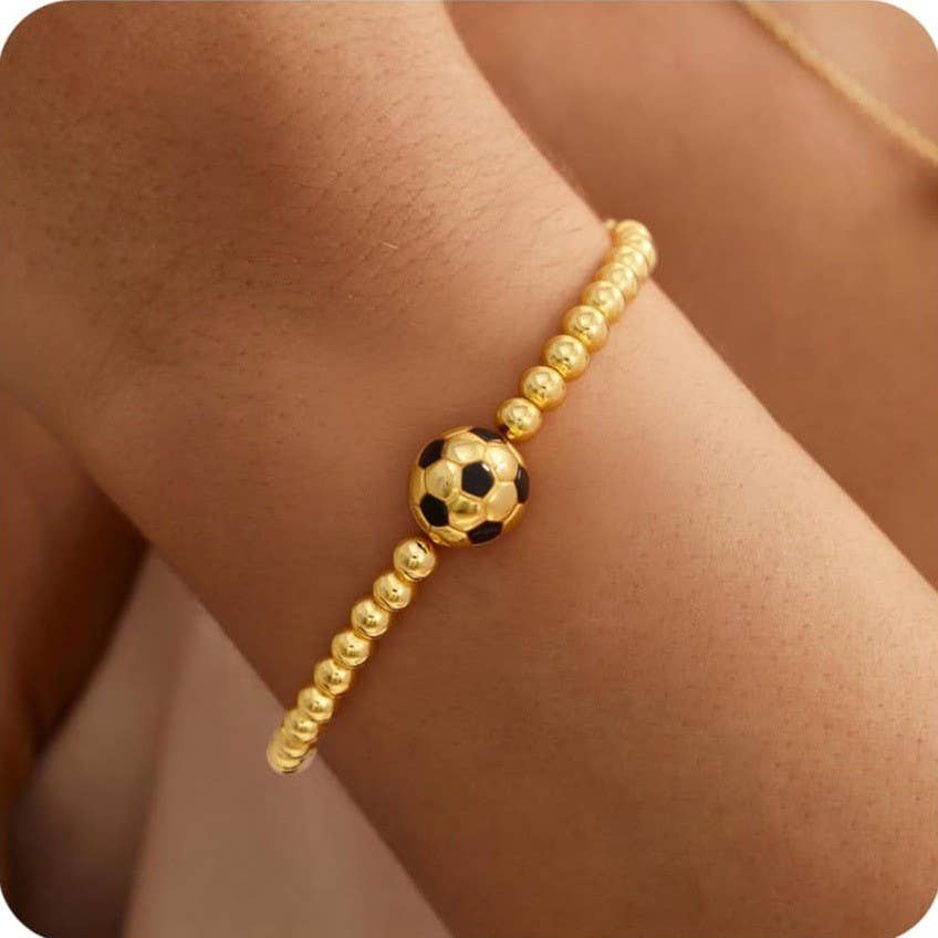 Gold Multi Ball Chain Stretch Bracelet with Minimalist Football Charm | Stackable Bracelet