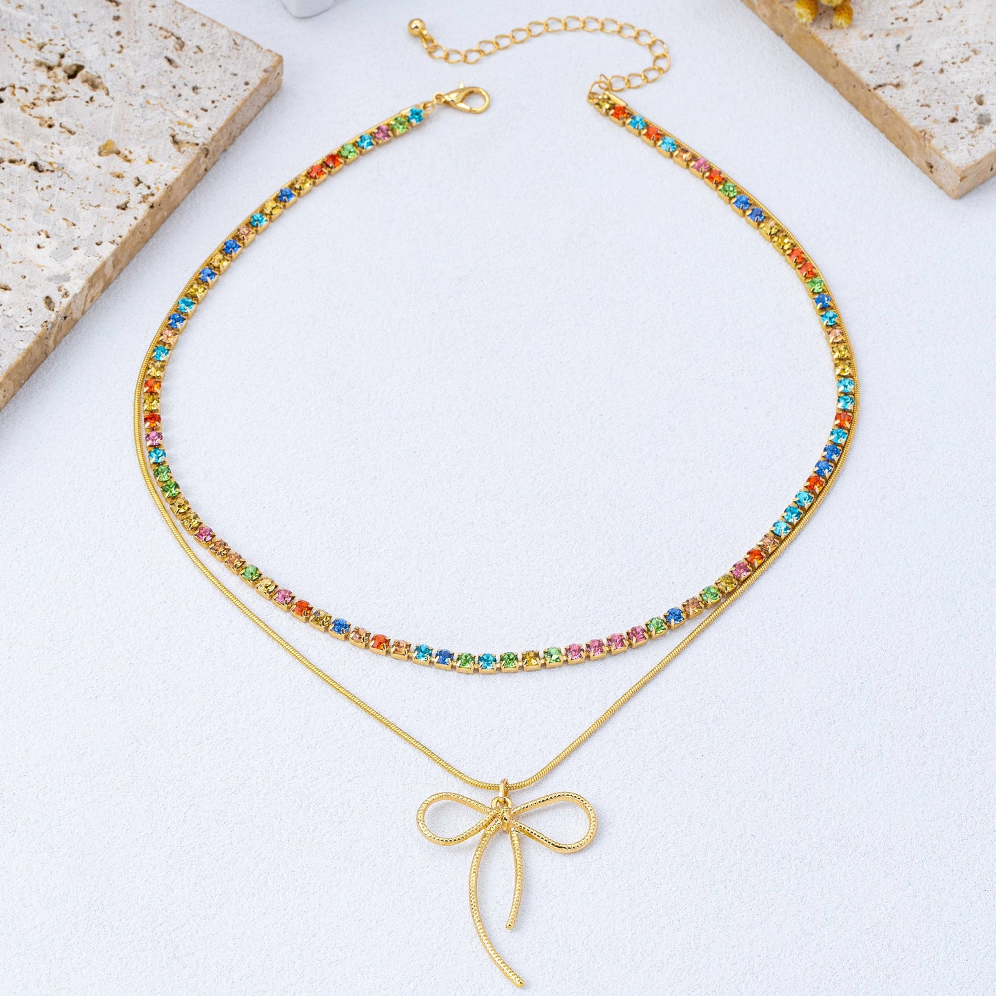 Rainbow Gemstone Bow Layered Necklace