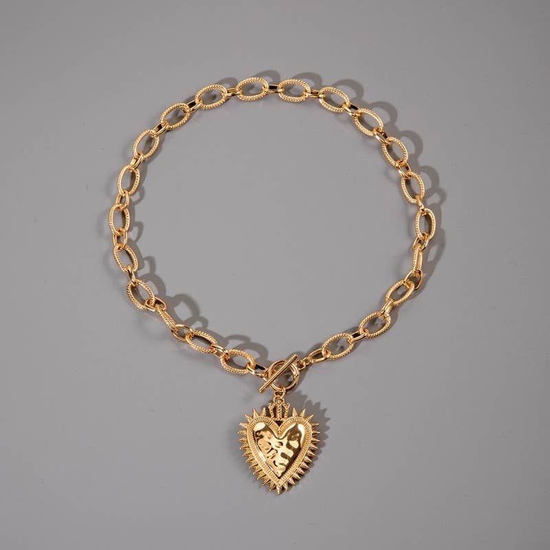 Spiked Heart Chunky Chain Toggle Necklace | Gold Edgy Statement Heart Necklace