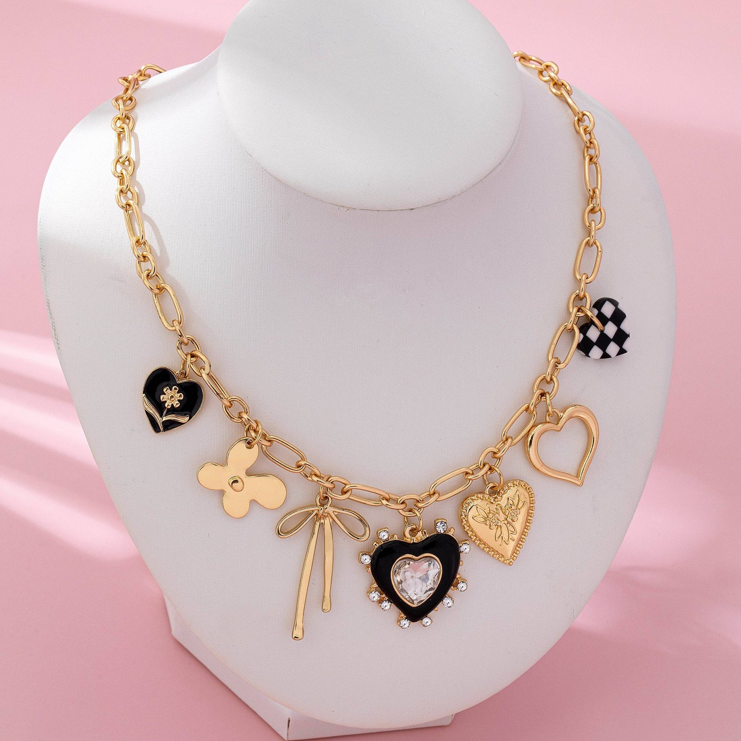 Gold Bow and Checker Heart Charm Necklace | Rhinestone Heart Trendy Charm Necklace