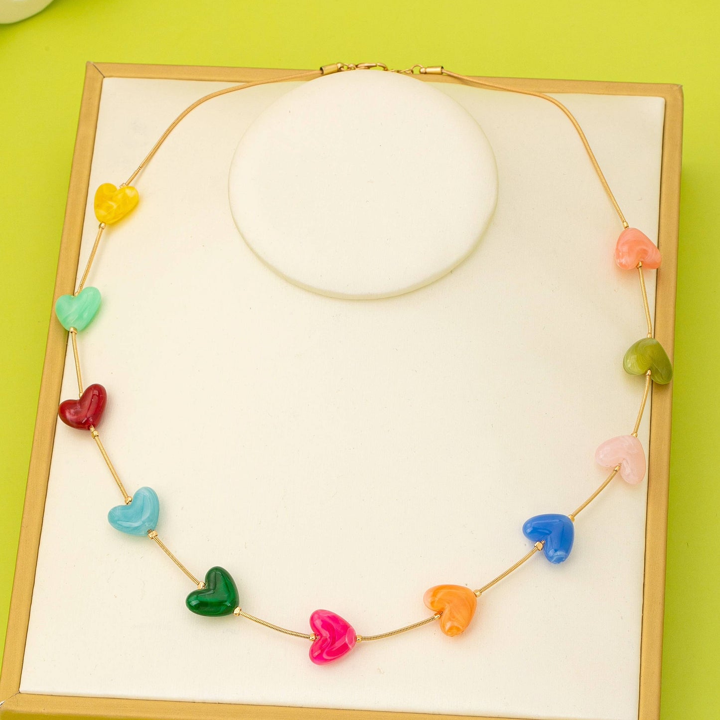 Multicolor Resin Beaded Heart Station Necklace