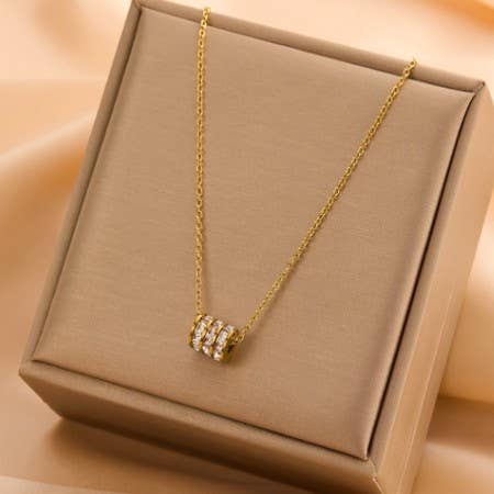 18K Gold Stainless Steel Triple Barrel Rhinestone Necklace | Tarnish Free Waterproof Necklace