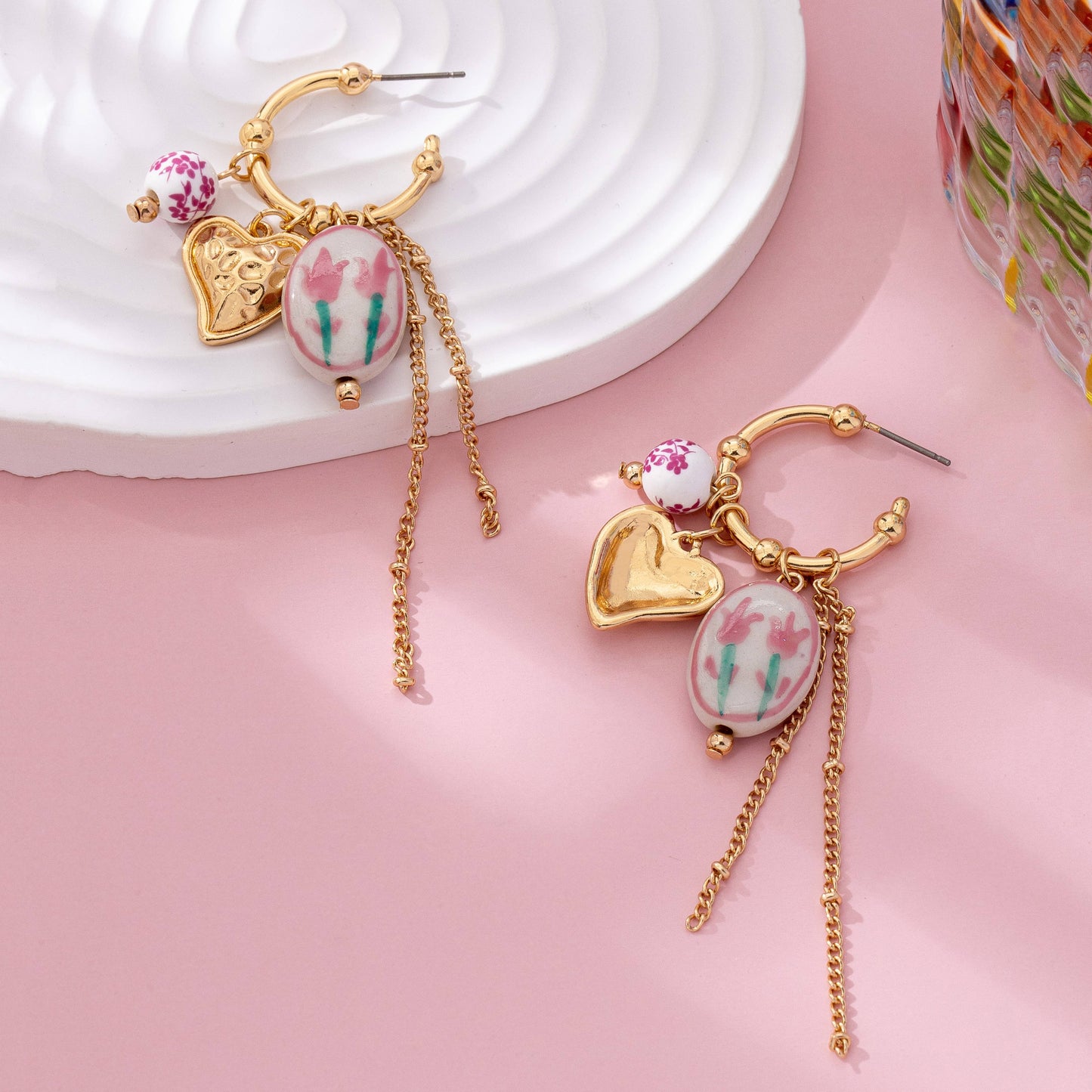 Gold Charm Hoop Earrings with Hearts and Tulip Porcelain | Vintage Floral Dangle Earrings