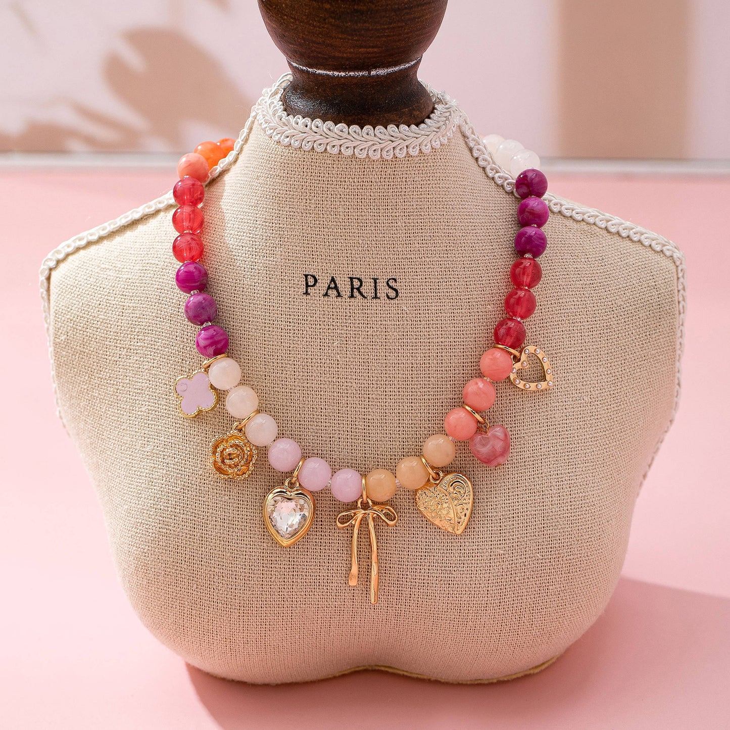 Colorful Beaded Charm Necklace with Bow Heart and Flower | Pink Purple Gradient Statement Necklace