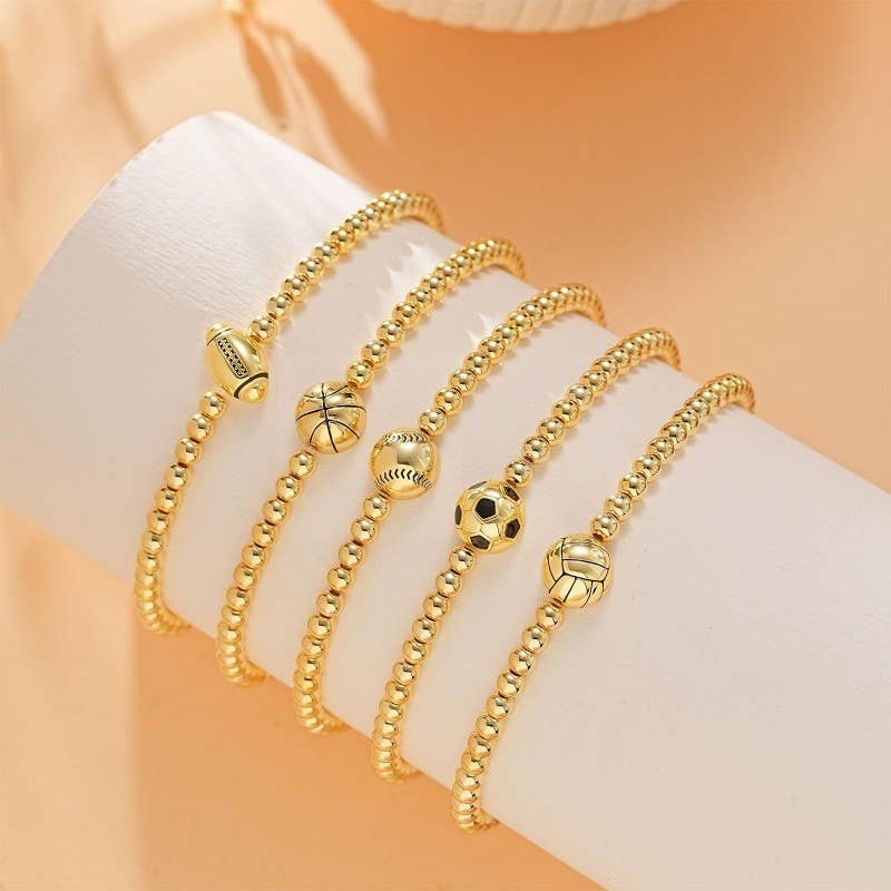 Gold Multi Ball Chain Stretch Bracelet with Minimalist Football Charm | Stackable Bracelet