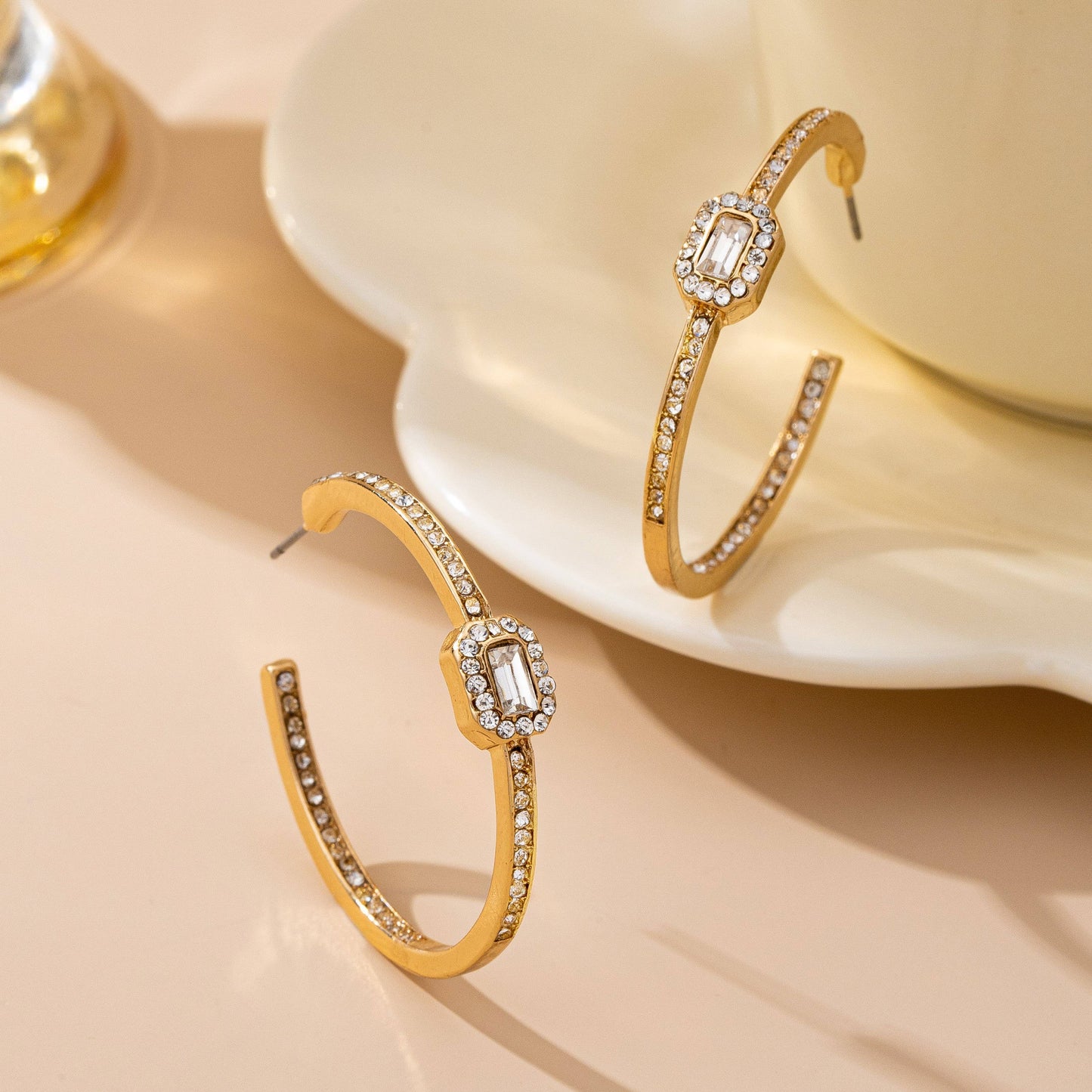 Gold Hoop Earrings with Square Crystal | Dainty Sparkle Hoops with Titanium Posts