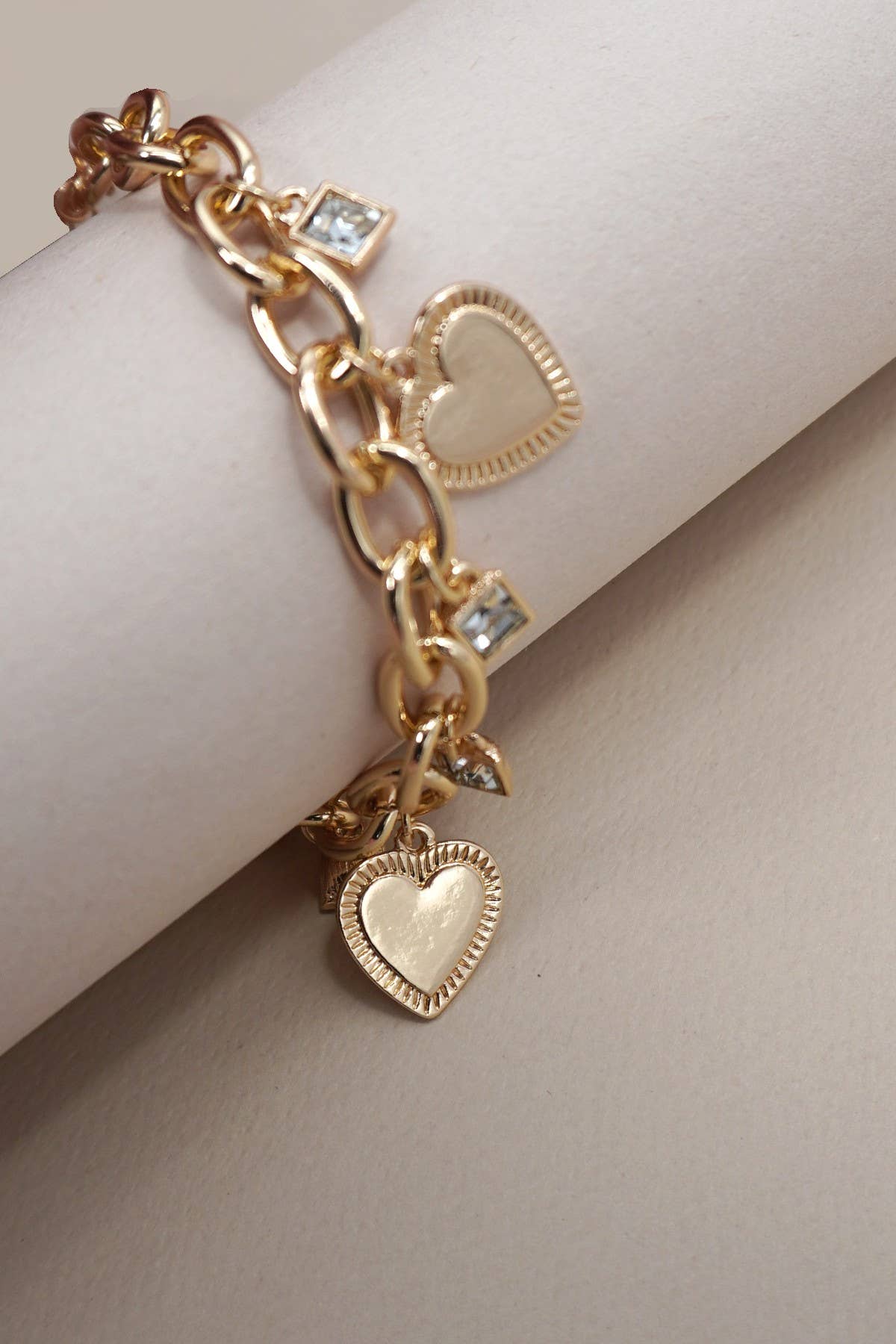Gold Heart and Rhinestone Charm Bracelet | Adjustable Trendy Charm Chain Bracelet