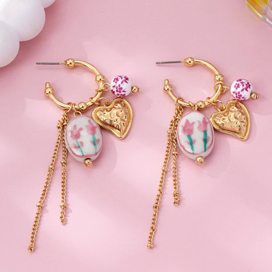 Gold Charm Hoop Earrings with Hearts and Tulip Porcelain | Vintage Floral Dangle Earrings