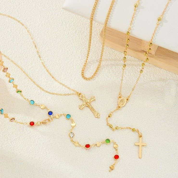 Boho Y Layered Cross Lariat Necklace with Multi Stone Accents | Gold Layered Necklace