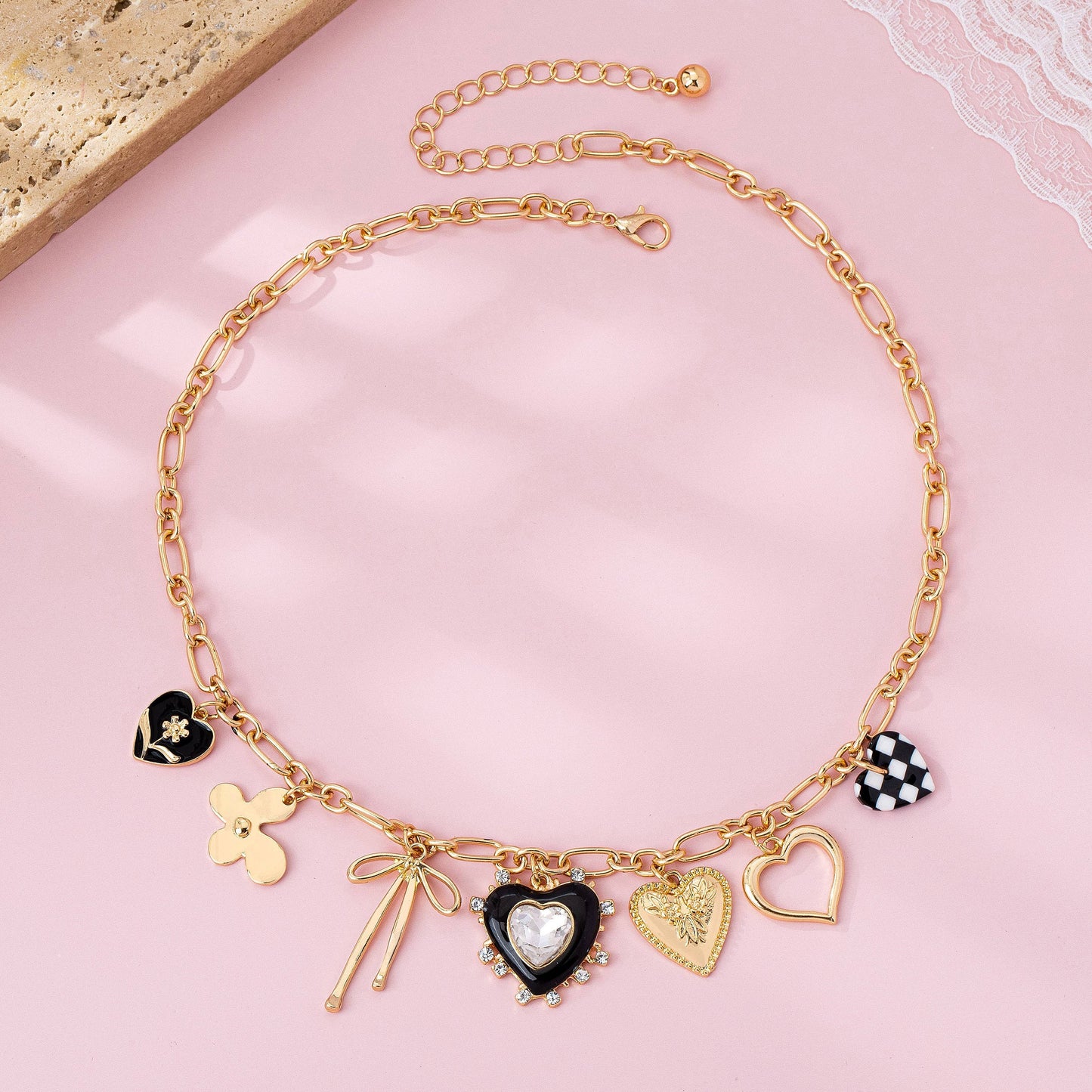 Gold Bow and Checker Heart Charm Necklace | Rhinestone Heart Trendy Charm Necklace