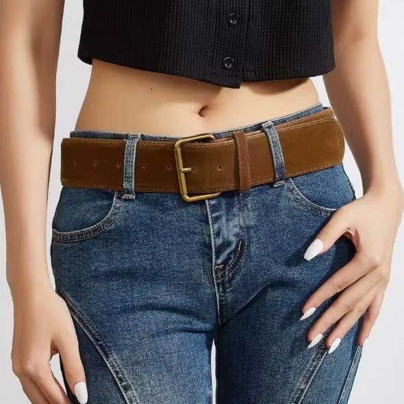 Vintage Inspired Belt with Gold Buckle | Classic Faux Leather Waist Belt