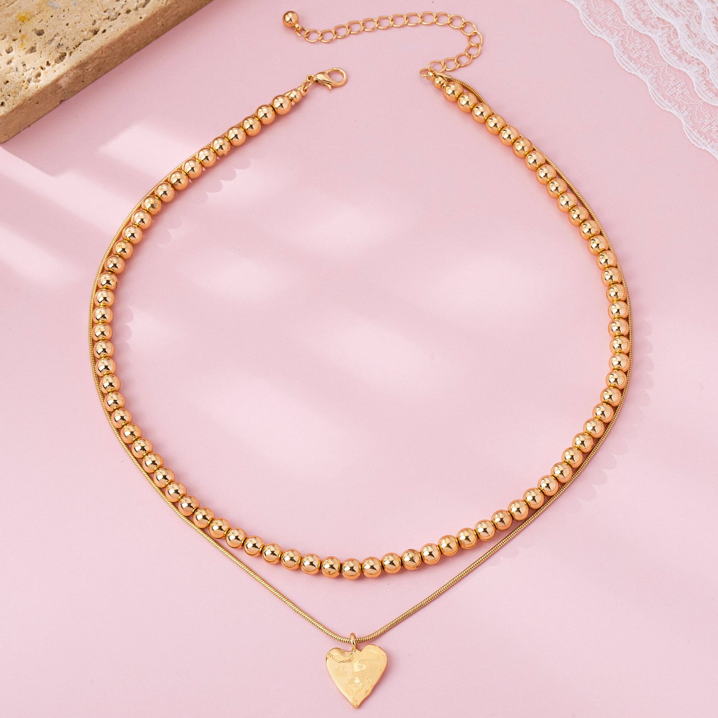 DOUBLE LAYER BALL CHAIN HEART CHARM NECKLACE | 80N92736