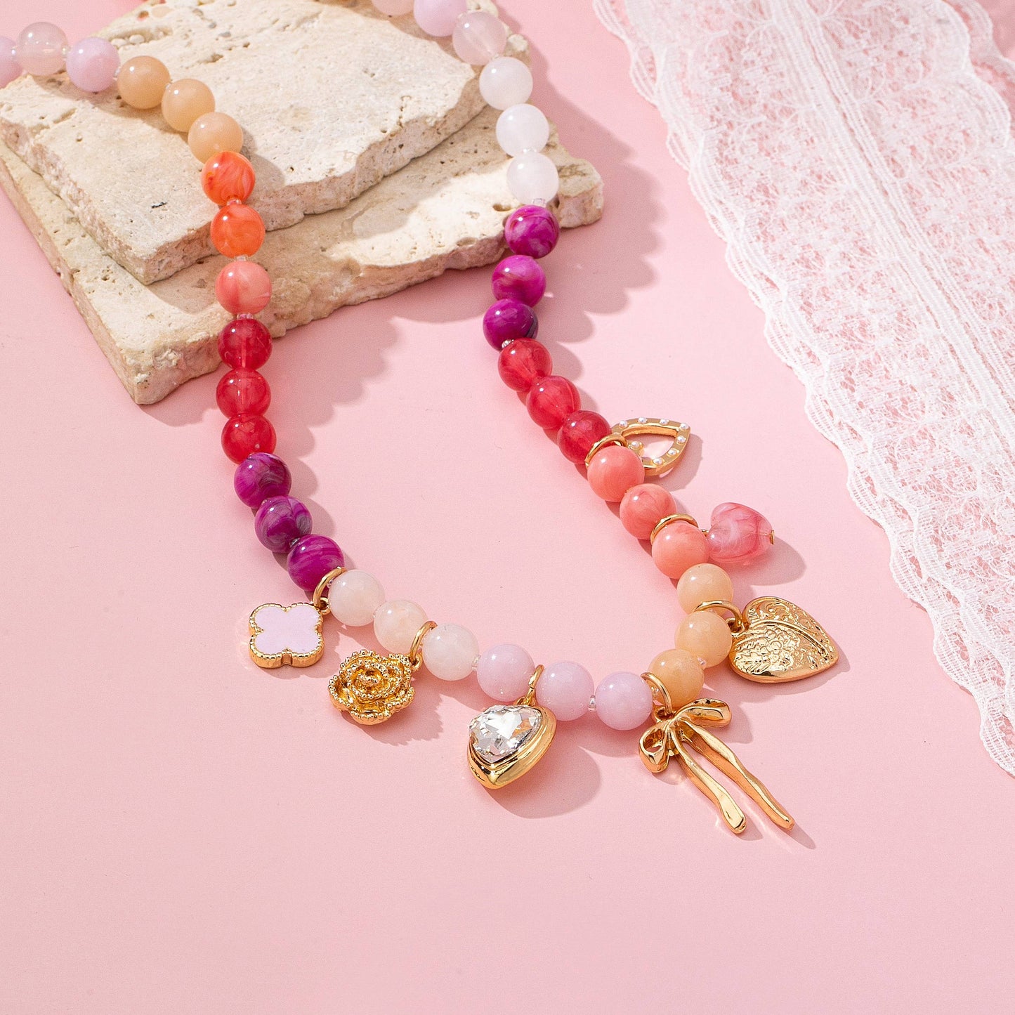 Colorful Beaded Charm Necklace with Bow Heart and Flower | Pink Purple Gradient Statement Necklace