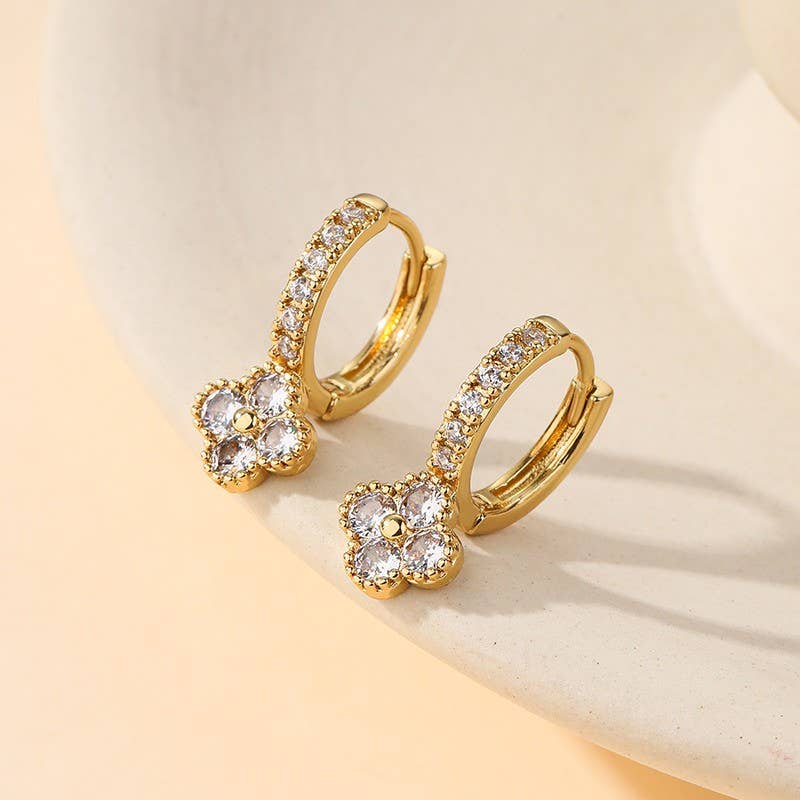 Dainty Clover Crystal Huggie Hoop Earrings
