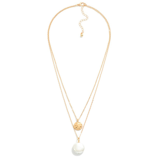 Layered Chain Link Necklace With Pearl & Disc Pendant
