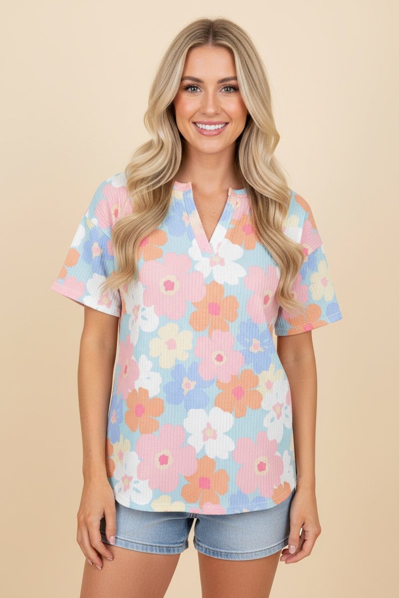 Mint Floral Ribbed V-Neck Top | Multi-Color Flower Print Short Sleeve Shirt