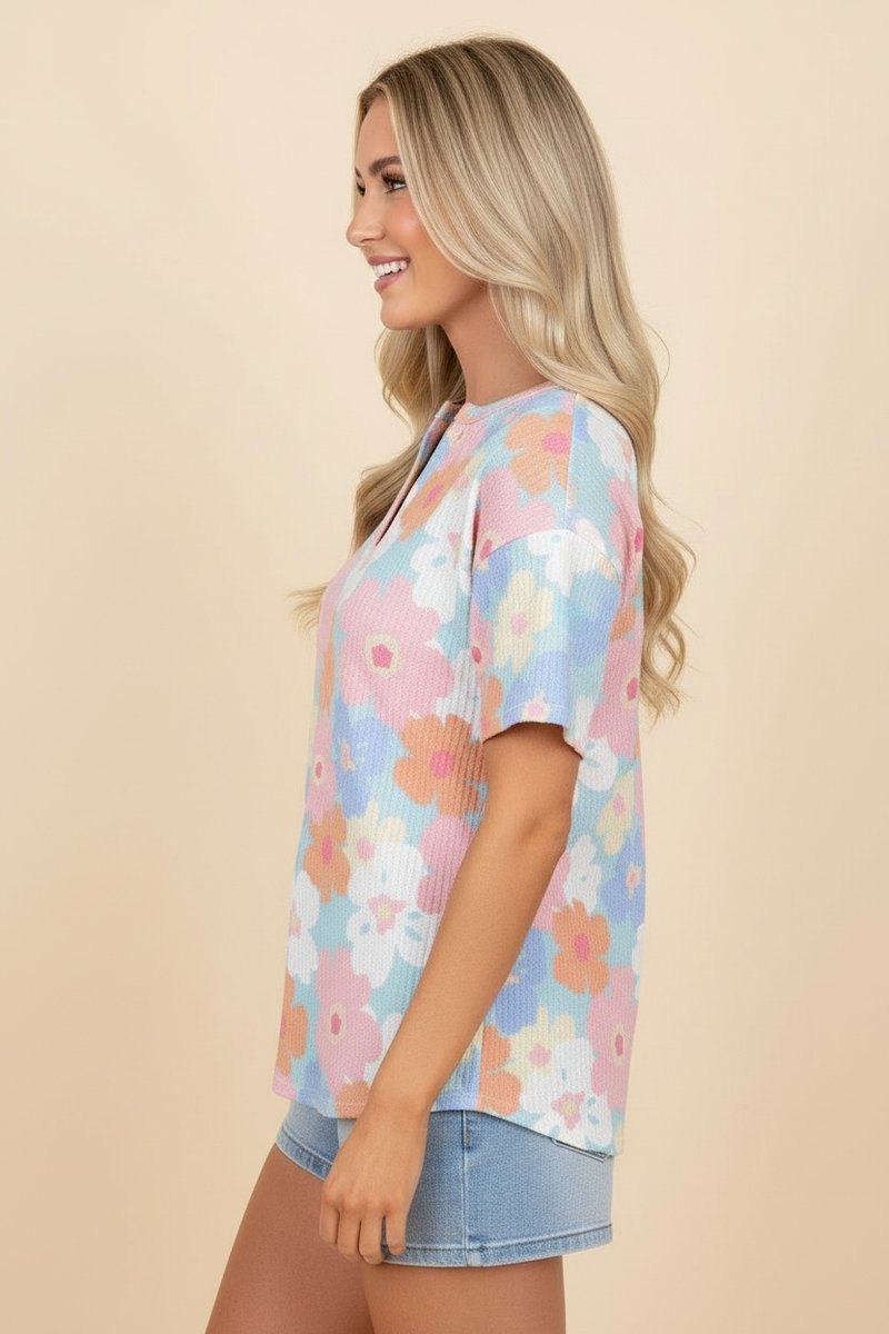 Mint Floral Ribbed V-Neck Top | Multi-Color Flower Print Short Sleeve Shirt
