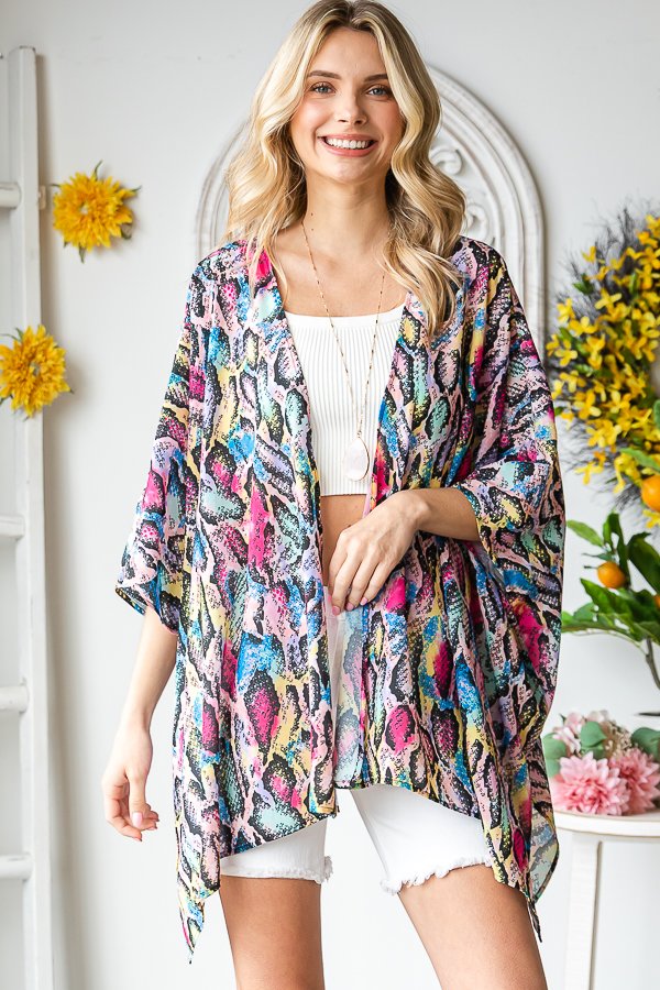 Multi-Color Snake Print Open Cardigan | Three Quarter Sleeve Swim Cover Up