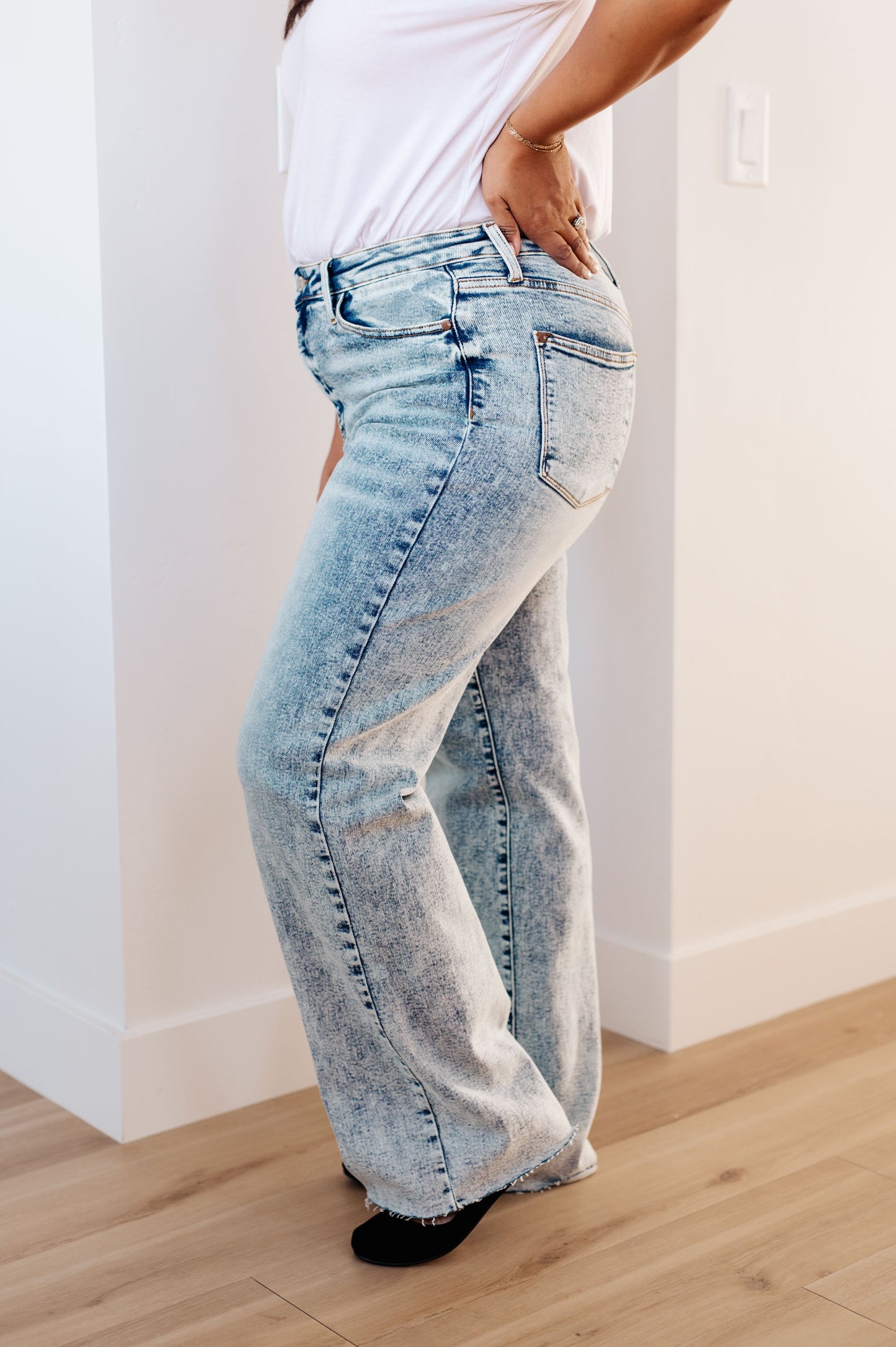 Judy Blue High Rise Mineral Wash Raw Hem Wide Leg Jeans